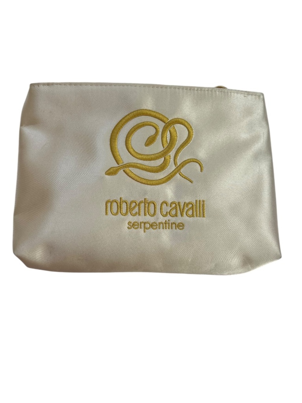 Roberto Cavalli Serpentine ivory satin gold makeup cosmetic zip pouch bag NEW